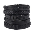 Vue détaillée d'un ensemble de 5 bracelets en cuir noir avec divers styles tressés - Ensemble Tressé Noir Cinq Pièces