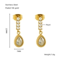 18K gold plated stainless steel earrings with vertical pearls and zircon teardrop charm - 18K Gold / White Waterdrop Gemstone (ZE1222G-01)