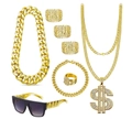 8-piece gold hip hop set with dollar pendant necklace, chain rings and black sunglasses - Fortune Lucky 3-Ring 8-Piece Set