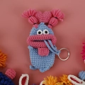 Blue hand-knitted monster key case with pink sausage lips and braided pigtails - Blue with Pink Heart