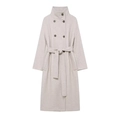 Cappotto lungo in lana doppiopetto color avena con collo alto e cintura regolabile - XS / Bianco Sporco