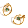 Exaggerated retro geometric hollow hoop earrings in gold finish with green cat-eye stone - Geometric Hollow Ring Cat Eye Stud Earrings - Gold Green