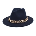 Detailed view of dark navy wool fedora hat featuring a chunky gold chain strap decoration - M (56-58cm) / Navy Blue