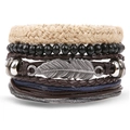 Bracciale multistrato in pelle da uomo con perle di legno nero e ciondolo a piuma - Combinazione Corda di Canapa Intrecciata e Piuma di Metallo (HS1611-12)