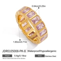 Golden stainless steel band ring with pink baguette-cut zircons and size measurements - Rectangle Style (JDR0105008-PK-8) / Pink