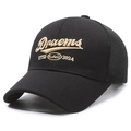 Schwarze Mesh-Baseballkappe mit 'Draems'-Stickerei in der 45-Grad-Seitenansicht - Verstellbar / Schwarz mit Goldstickerei