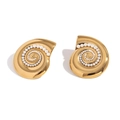 Gold-plated conch shell stud earrings with white pearl accents on white background - Gold