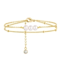 Three-layer 18K gold plated stainless steel bracelet featuring white pearls and zircon - Gold Multi Layer Pearl Zircon Drop Bracelet (BR8171)