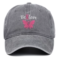 Detail of embroidered Believe text and pink ribbon butterfly on washed denim baseball cap - Adjustable / Gray