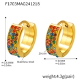 Detail of gold stainless steel hoop earrings with three rows of rainbow zircon stones - Gold Mixed Color Zircon Earrings