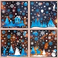 Blue and white Christmas window decals featuring reindeer, snowflakes, and festive trees - [4 Sheets Combo] BQ406+410+412+413