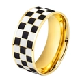 Bague large chic en acier inoxydable plaqué or 14k avec motif à damier noir et blanc - Taille US 6 / Bague Émail Damier Dorée