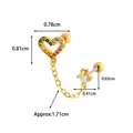Detail view of heart cartilage piercing with gold plating, multi-color stones and chain - 4# Heart Chain Gold