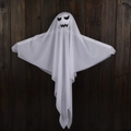 Hanging white ghost Halloween decoration made of sheer fabric on a rustic wooden background - Non-Glowing-Jagged Mouth Expression