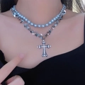 Double-layer necklace with grey pearls and sparkling cross pendant on a model - 84#X4242 (Grey Bead Rhinestone Cross Double Layer Necklace)