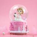 Pink Frozen crystal ball music box with snow princess and snowman figure in globe - Pink Ice Theme