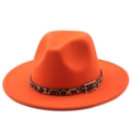Detail of bright orange fedora hat featuring leopard print band and golden buckle - M (56-58cm) / Orange