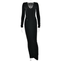 Elegante zwarte maxi-jurk met lange mouwen, diepe V-hals, geplooide details en mesh - S / Zwart