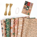 Vintage Christmas kraft paper gift wrap set with reindeer patterns and twine strings - Set 8