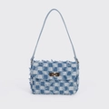 Blue and white checkered denim underarm bag with frayed fringe and golden metal clasp - Shoulder Bag with Twist Lock / Blue White Checkered