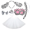 6-piece dalmatian costume set with spotted ears headband, tutu skirt, and accessories - Dalmatian Ears + Bowtie + Nose + Gloves + Tail + White Tutu Skirt