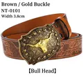 Detail view of 3.8cm Western cowboy belt with embossed leather and golden bull head buckle - Brown Gold Buckle (Bull Head)