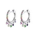 Detail of silver hoop earrings with vibrant colorful zircons and engraved inner rim - Platinum/Multicolor Zirconia