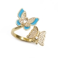 Anillo abierto dorado con mariposas dobles en esmalte azul y circonitas brillantes - Abierto Ajustable / Azul