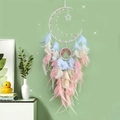 Dreamy moon-shaped dreamcatcher with pink and blue feathers for wall decoration - Finished Product / Pink