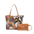 Large capacity geometric patchwork tote bag with matching pouch and decorative scarf - Multi-color Check With Brown