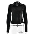 Elegant slim fit black satin long sleeve shirt with classic lapel collar and buttons - S / Black
