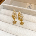 Élégantes boucles d'oreilles dorées en C à double rangée de perles avec étoiles - 48# Tige en Argent - Boucles d'Oreilles Pendantes Étoile de Perle Dorée