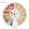 Round wheel storage box featuring gold-rimmed colored pearls for nail art and DIY crafts - Multicolor Framed Colored Pearls (SP001-21)