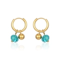 Retro titanium steel gold hoop earrings with blue crystal beads and metallic spheres - Blue Zircon Metal Ball Pendant / Gold