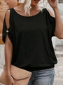 Close-up of black cold shoulder t-shirt featuring decorative buttons and cutout detail - S / Black