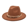 Detail of a brown wool fedora hat featuring a chunky gold chain strap on white background - M (56-58cm) / Khaki