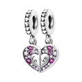 Silver-plated heart-shaped pendant charms with Love engraving and pink zircons set in pair - Mother Daughter Split Heart Charm