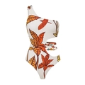 Dettaglio del costume da bagno monospalla bianco con stampa di foglie e perline laterali - S / Costume da bagno intero monospalla