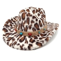 Detailed close-up of leopard print plush cowboy hat with turquoise beaded band decor - M (56-58cm) / Flat Top Beige