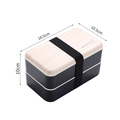 Zweistöckige schwarze Bento-Box mit Holzmaserung-Deckel und Gummiband für Mahlzeiten - 1.2L Einfach Schwarz (Essstäbchen Löffel)