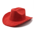 Detailed view of red faux lamb wool western cowboy hat with soft curly texture - M(56-58cm) / Red