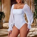 White square neck bodysuit featuring swiss dot mesh puff sleeves and tie details - S / White