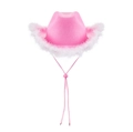 Pink felt cowboy hat with white feather trim and adjustable chin strap for parties - Pink Cowboy Hat With White Feather
