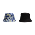 Detail view of camouflage and solid black canvas bucket hats with reinforced stitching - Yellow & Blue Camo