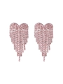 Detail view of long rhinestone heart tassel earrings with pink crystals and fringe drop - Soft Pink