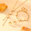 Elegant gold stainless steel jewelry set with heart pearls and sparkling tassels - Pearl Heart Jewelry Set C610-T102-G304