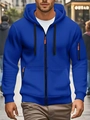 Detail of royal blue zip-up hoodie featuring orange zipper pullers and sleeve pocket - S / Blue