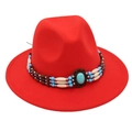 Close-up of red wool fedora with ethnic turquoise beads and wooden decorative band - One Size / Orange Red