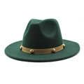 Detail of dark green wool fedora hat featuring khaki leather band with gold rivets - M(56-58cm) / Dark Green