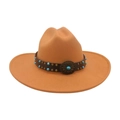 Camel felt fedora hat with turquoise beads and vintage sunflower metal buckle decoration - One Size / Camel